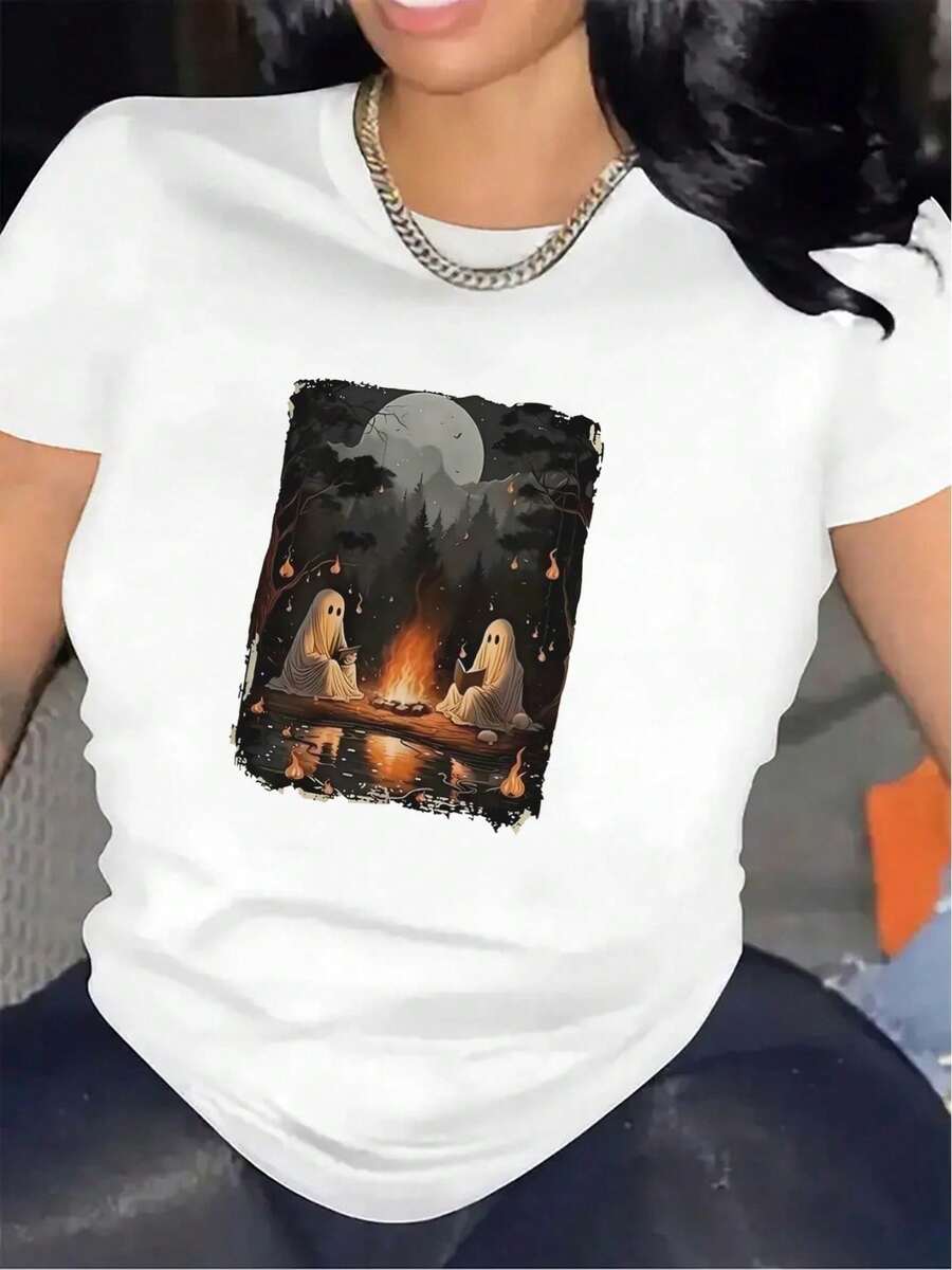 Camiseta de Manga Corta para Mujer con Diseño de Lobo y Luna en el Bosque, Hecha de Poliéster Duradero, Ligera y Cómoda, Ideal para Uso Casual en Casa o Actividades al Aire Libre - [Blanco] - Ver 1
