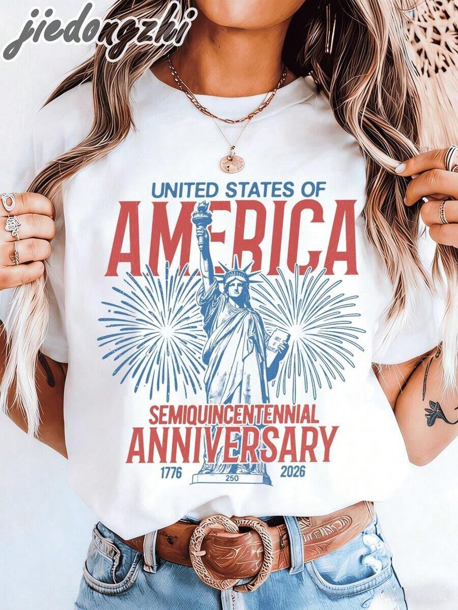 1 Piece Women's Graphic T-Shirt With USA 250th Semicentennial Design, Statue Of Liberty Fireworks Print, Summer T-Shirts, 4th Of July Outfit, Patriotic Aesthetic Cotton T-Shirts, 180g 100% Cotton. - 白色 - 查看 1