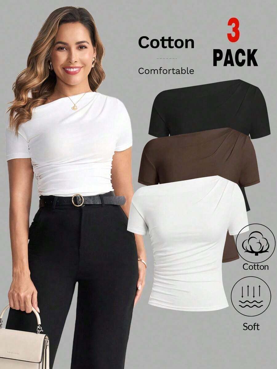 Camiseta de punto elástica de unicolor con hombro asimétrico y manga corta fruncida, multicolor, estilo carnavalesco, elegante para primavera/verano para mujeres - Multicolor 8 - Ver 1