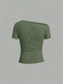 Camiseta de moda de manga corta con hombros oblicuos y ajustada de unicolor para mujer, verano - Verde Oliva - Ver 4