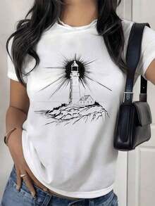 Camiseta de ocio y moda para mujer 100% con estampado de faro y olas - Top de manga corta con estampado náutico de faro |     Corte Holgado - Adecuado para verano, otoño y uso casual diario como ropa de playa (lavable a máquina) Cómodo, holgado - Blanco - Ver 10