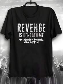 Camiseta de hombre con estampado sarcástico "La venganza está por debajo de mi nivel", cuello redondo, informal, negra con texto blanco y patrón geométrico, cómoda para usar en todas las estaciones, con un toque de humor, ideal para la Nochebuena, un atuendo suave para el día a día y la Nochebuena, ropa casual de temporada, diseño festivo. - Negro - Ver 1