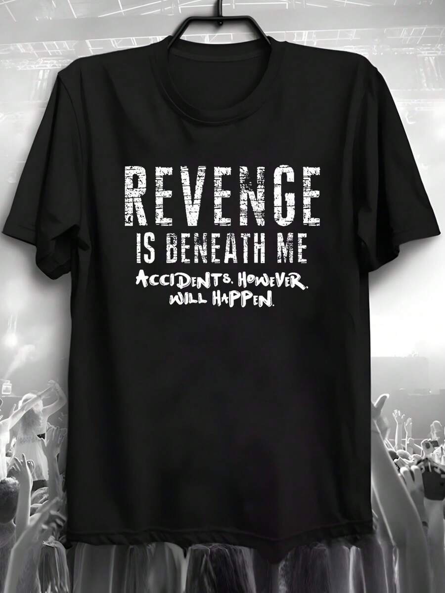 Camiseta de hombre con estampado sarcástico "La venganza está por debajo de mi nivel", cuello redondo, informal, negra con texto blanco y patrón geométrico, cómoda para usar en todas las estaciones, con un toque de humor, ideal para la Nochebuena, un atuendo suave para el día a día y la Nochebuena, ropa casual de temporada, diseño festivo. - Negro - Ver 1