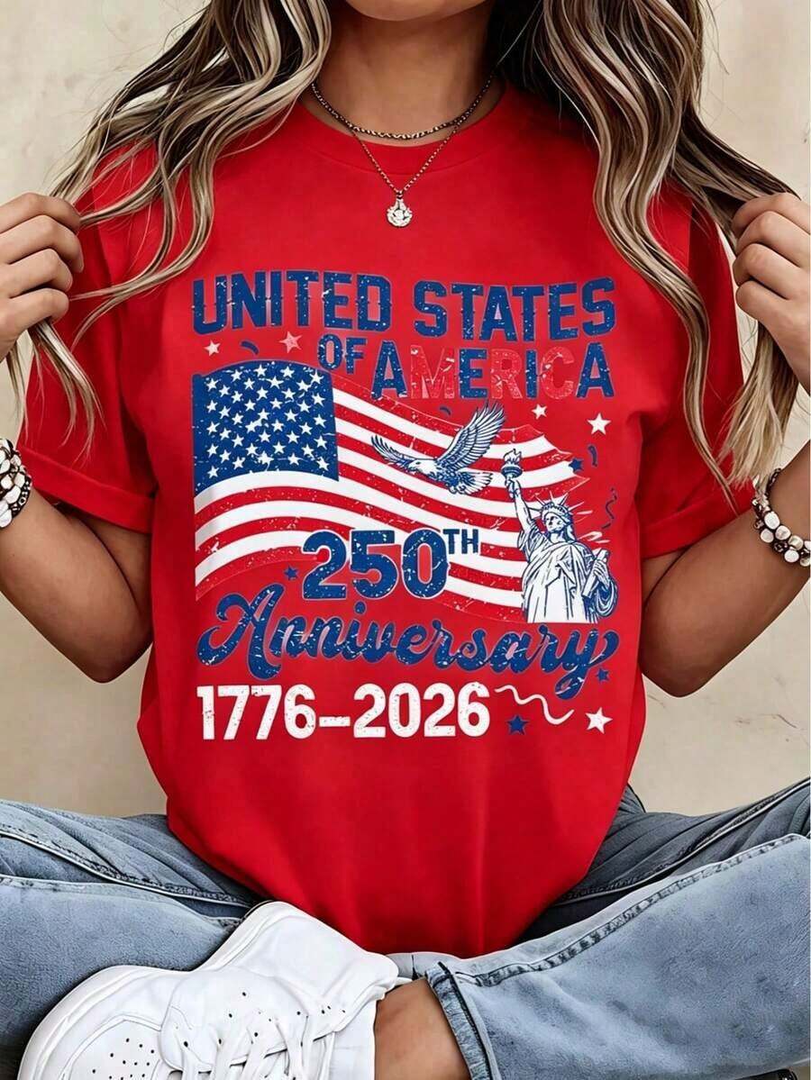 Camiseta patriótica del 250 aniversario de los Estados Unidos de América 1776 2026 con diseño de bandera estadounidense y Estatua de la Libertad para la celebración del Día de la Independencia - Rojo - Ver 1