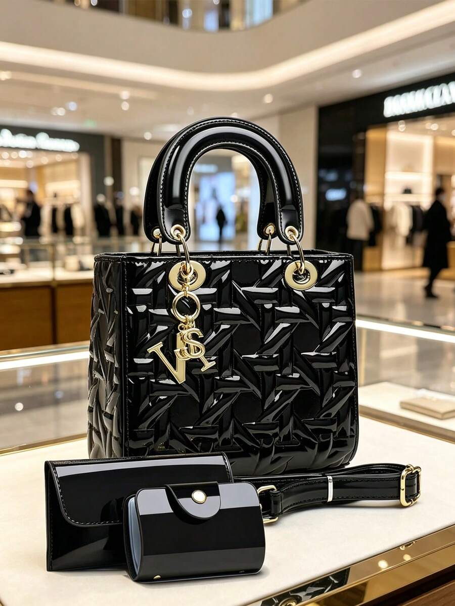女士黑色漆皮绗缝手提包，女士风格顶部提手斜挎包，带字母吊饰和配套钱包套装 - 黑色 - 查看 1
