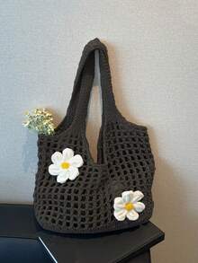 Yogodlns Knitted Tote Bag Woven Hobo Bag Large Capacity Fashion Tote Handbags With Flower Decor Casual Beach Bag Simple Summer Bag Women's Knitted Shoulder Bag Summer Handbag Ins Large Capacity Shopping Tote Bags Woven Hollow Mesh Beach Bags Cool Girl - Black - View 4