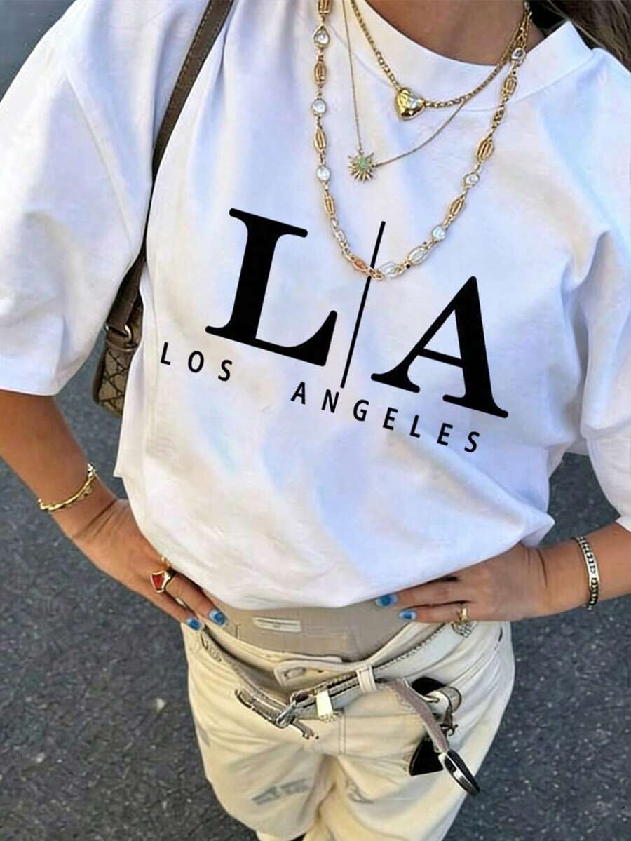Camiseta de moda femenina de verano de manga corta camiseta de moda casual al aire libre 'letra' estampada camiseta casual femenina suelta - Blanco - Ver 1