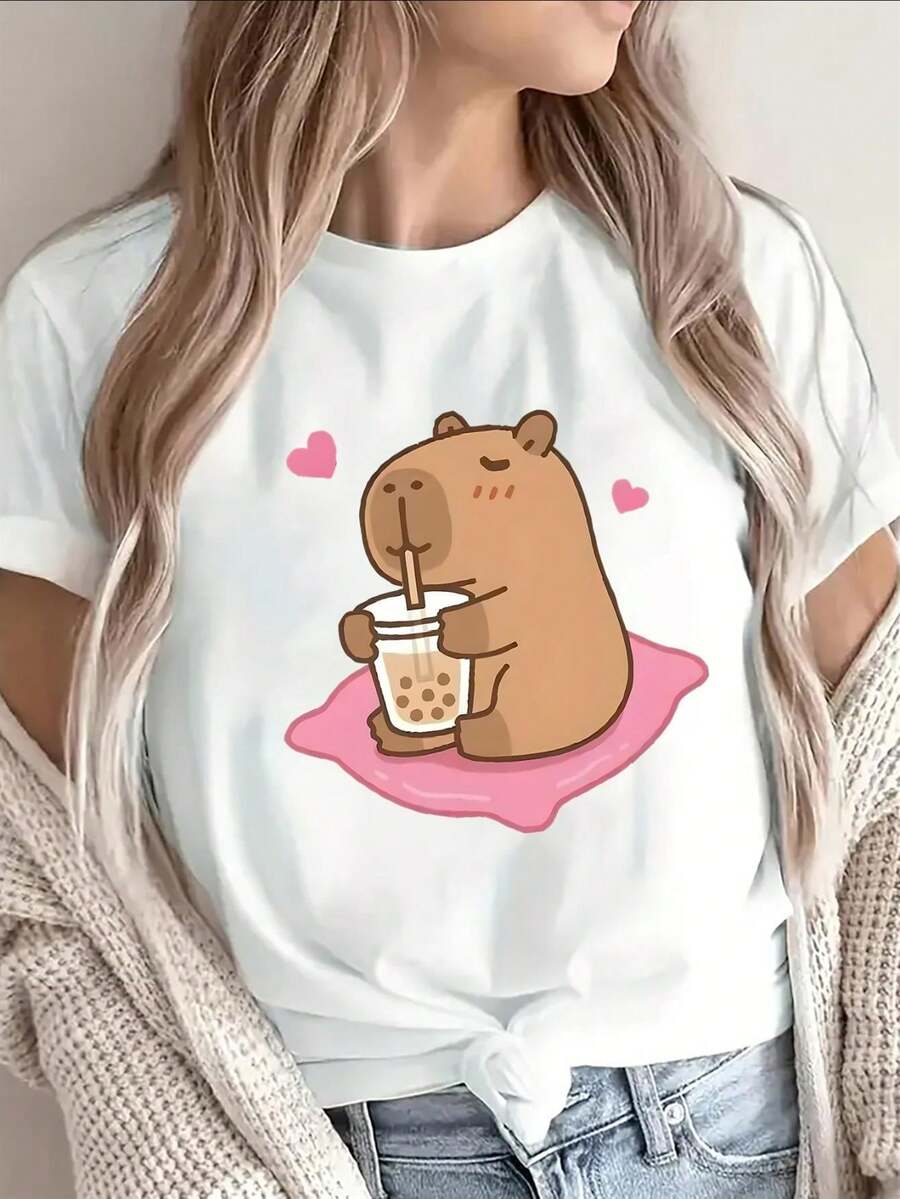 Camiseta encantadora con estampado de capibara yé de burbujas, perfecta para relajarse en casa o en una cafetería, con un diseño ligero y cómodo y divertidos estampados de animales, para el uso diario. - Blanco - Ver 1