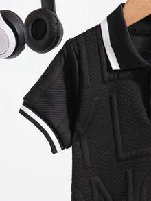 男童休闲纯色装饰领短袖上衣和短裤套装（2件套），夏季 - 黑色 - 查看 4