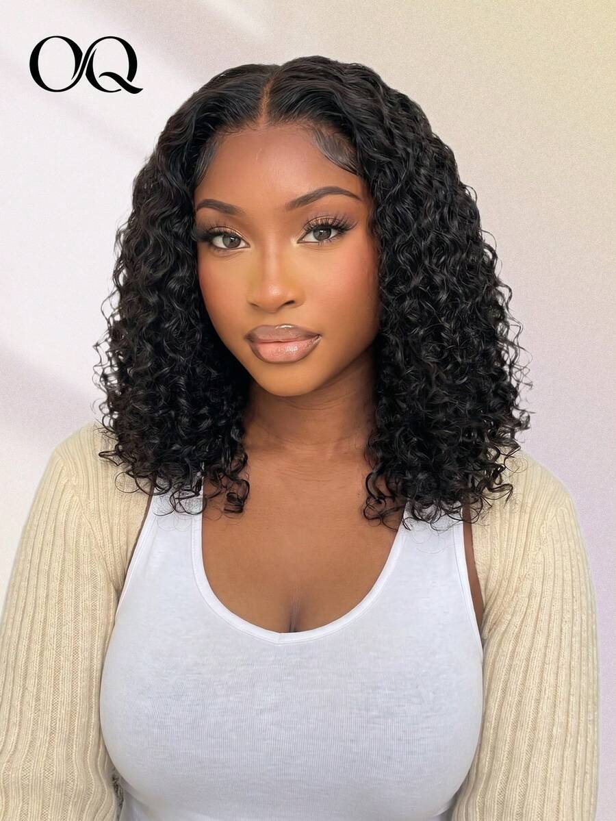 OQ Hair Wear And Go Natural Black Deep Wave Wig, 7x5 Pre-Cut Transparent Lace Front Wig, 180% Density, 10-16 Inch Pre-Plucked Hairline, Natural Looking Human Hair, Free Shipping For Christmas, Essential For Halloween Travel, Y2K Style, Fashionable, Perfect For Holiday Vacation - S1 - View 1