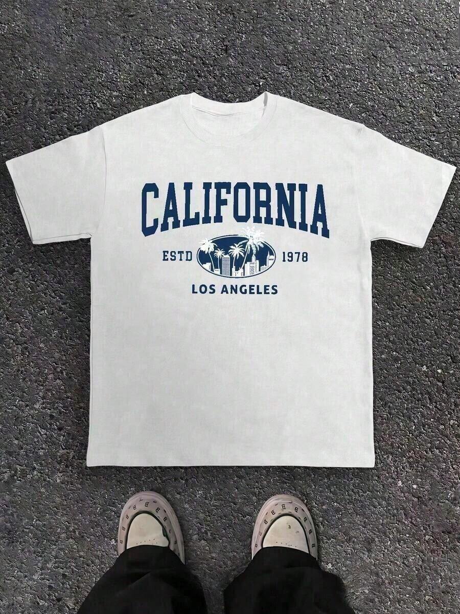 1 pieza de camiseta casual de cuello redondo de California Los Ángeles para hombre, camisetas gráficas de ajuste cómodo, adecuadas para todas las estaciones, ropa de uso diario, ropa escolar, camisetas de estilo urbano, ropa para hombre, camiseta gráfica, ropa de verano, camisetas de verano, ropa de Pascua, ropa de primavera, camisetas, conjuntos de verano para mujer. - Blanco - Ver 1