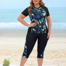 Swim Lushore Plus Size 2pcs Women Leaf Print Patchwork Top And Long Swim Shorts, Black Splicing Round Neck Sleeveless Bikini Set, Beach Vacation For Summer - Multicolor - Ver 11