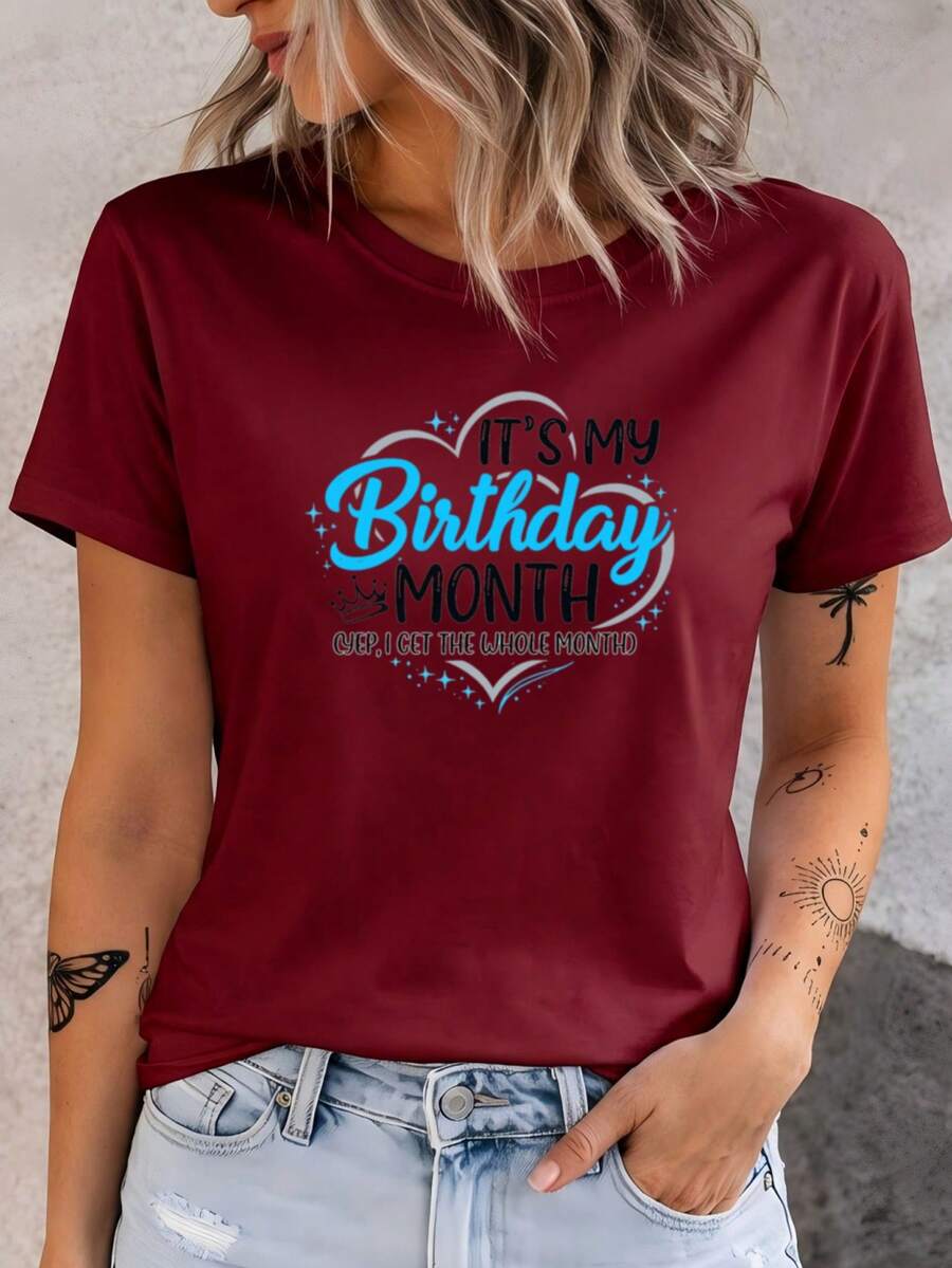 Birthday-Themed T-Shirt-Featuring The Slogan "Today Is My Birthday" And A Crown And Balloon Print, Ultra-Soft, Breathable, Quick-Drying, With A Crew Neck, Suitable For Everyday Wear In Summer, As A Birthday Outfit, Comfortable Year-Round. PJG3 - 酒紅色 - 查看 1