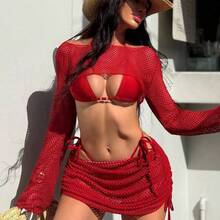 Swim  4pcs/Set Women's Sexy Bikini Set With Red Mesh Fabric And Solid Burgundy Design, Beach Swimwear Vacation Two Piece Set Beach Two Piece Set Cream Two Piece Set White Cover Up Swimsuit Swim Cover Up Set - Blanco - Ver 4