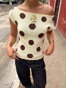 女士针织不对称领口短袖常规长度波点上衣，夏季服装，Y2K 上衣。 - 黃色 - 查看 6