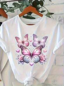 Camiseta con Estampado de Mariposas Rosadas de PremiumWo - Cuello Redondo Casual, Manga Corta, Diseño Floral y de Mariposas, Perfecta para Primavera y Verano, Camiseta de Mariposas, Camiseta Casual de Manga Corta y Cuello Redondo para Todas las Temporadas, Tela Suave y Transpirable, Lavable a Máquina, Cómoda y Esencial. - Blanco - Ver 1
