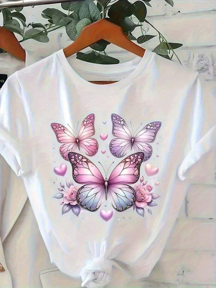 Camiseta con Estampado de Mariposas Rosadas de PremiumWo - Cuello Redondo Casual, Manga Corta, Diseño Floral y de Mariposas, Perfecta para Primavera y Verano, Camiseta de Mariposas, Camiseta Casual de Manga Corta y Cuello Redondo para Todas las Temporadas, Tela Suave y Transpirable, Lavable a Máquina, Cómoda y Esencial. - Blanco - Ver 1