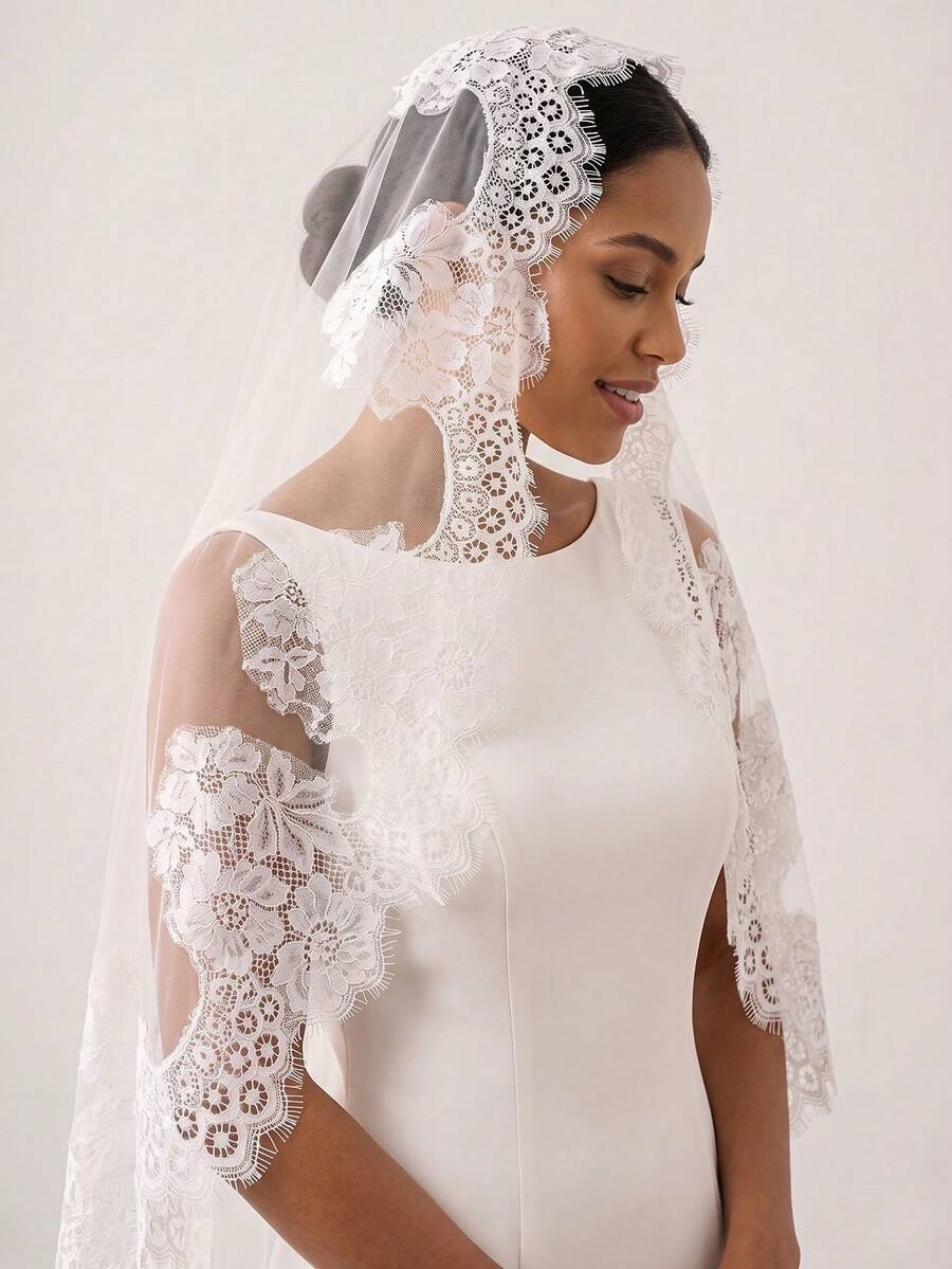 1 Pc Mantilla Cathedral Length 3M Wedding Veil Soft French Lace Applique Edge Ivory Bridal Veil With Comb For Bride - Ivory - View 1