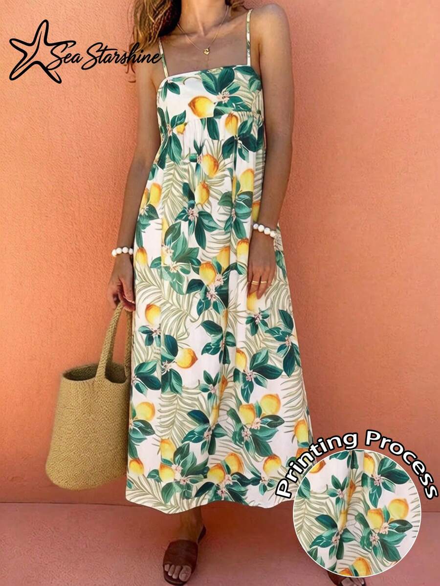 Women's Casual Elegant Vacation Style Lemon Leaf All-Over Print Spaghetti Strap Dress, Spring/Summer - Multicolor - View 1