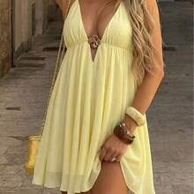 Women's Summer Black Spaghetti Strap Mini Dress, Deep V-Neck Camisole Style Tie-Up Chiffon Flowy Beach Holiday Party Dress Elegant - Amarillo - Ver 2