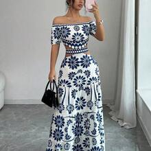 Casual Floral Print Off-Shoulder Crop Top Dress, Summer - Azul - Ver 6