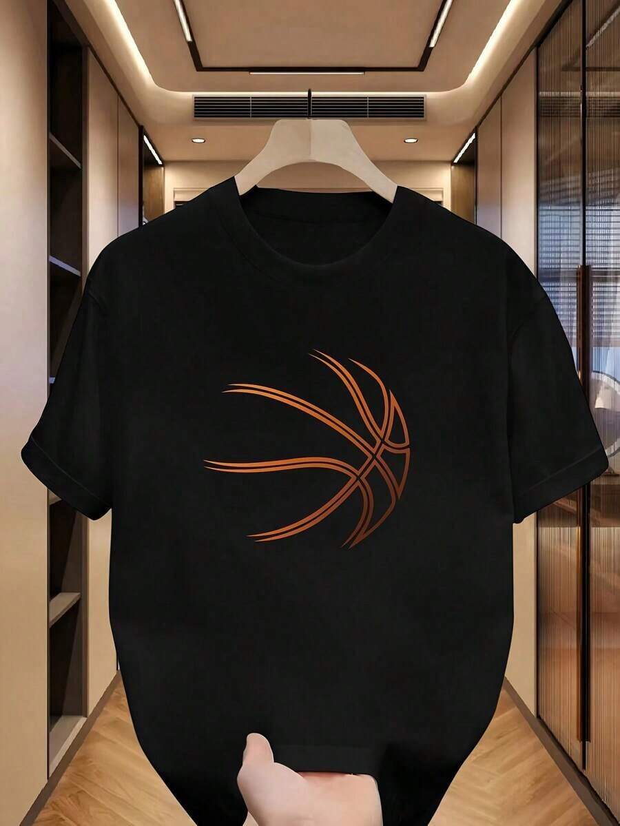 Men's Shirt With Shoulder Print And Basketball Print For A Stylish Fit, Tops For Ladies, Tops For Women. - Black - View 1