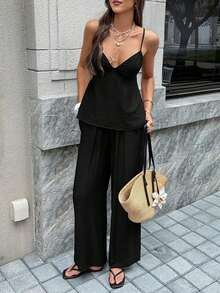 Conjunto de 2 piezas para mujer : Top de camisola elegante y pantalones holgados con cordón, camisola de lino con escote en V profundo y diseño sin espalda, y pantalones de cintura relajada, conjunto sexy, lindo y elegante para el verano - Negro - Ver 7