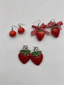 3 Styles Available, Cute Fruit Earrings, Faux Strawberry & Bow Earrings, Versatile Daily Wear - Silver - View 2