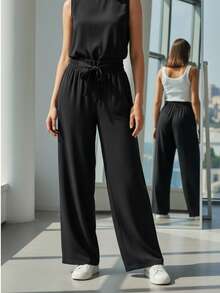 WOMEN CASUAL LOOSE FİT PANTS ELASTİC WAİST - 黑色 - 查看 2