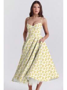 Vestido midi de satén con escote de corazón, vestido de graduación con tirantes finos y vuelo con bolsillos para bodas y eventos formales - Fondo blanco con pequeñas flores amarillas - Ver 2