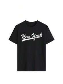 Choose 1 item from 3 colorscamisetas de manga corta de cuello redondo con estampado de gráficos de letras americanas de actitud, de estilo simple y clásico, perfectas para el verano y de uso versátil para mujeres - Negro - Ver 2