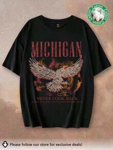 Camiseta de manga corta holgada con cuello redondo y estampado de águila para mujer, ideal para festivales de música, estilo casual, adecuada para salir. Estilo español, camiseta de mujer, ropa de calle casual de verano, transpirable, suave, duradera, ecológica, 100% algodón, cómoda, con estampado gráfico, holgada, oversize, playera de algodón, playera casual, pedido de exportación original. Camiseta básica de color sólido para mujer, camiseta interior. - Negro - Ver 10