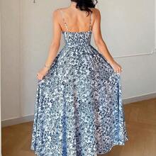 Women's New Waist-Cinching Spaghetti Strap Backless Blue & White Porcelain Ditsy Floral Dress, Fashionable & Elegant Casual Holiday Dress - Multicolor - Ver 3