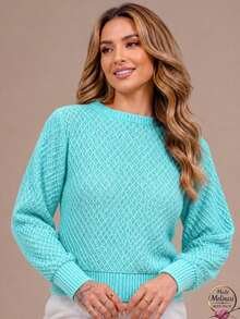 Women's Premium Textured Modal Knit Blouse With Round Neck And Long Sleeves For Winter - Green Brazil - View 4