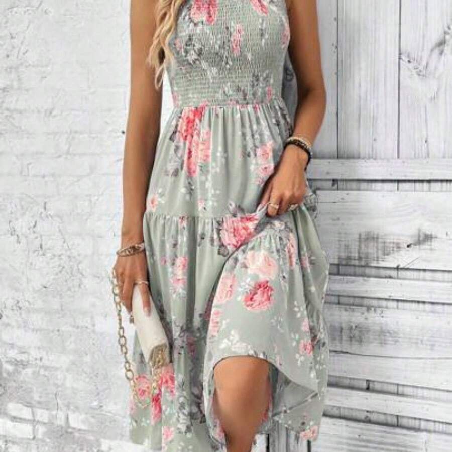 Floral Print Layered Hem Dress Maxi Vacation Beach Outfits Women - Verde - Ver 1