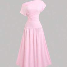 Sweetro Women's Summer Solid Color Asymmetric Collar Bat Sleeve Elegant Ruched Midi Dress - Rosa Pálido - Ver 2