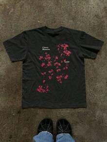 100% Cotton Women's Casual T-Shirt With Cherry Blossom Print And Round Neck, Made Of 100% Pure Cotton Fabric, Soft And With A Natural Drape, Suitable For Daily Wear, Office, School, Vacation, Camping, Versatile Style, Short Sleeves Make Your Summer More Vibrant And Colorful. - 黑色 - 查看 6