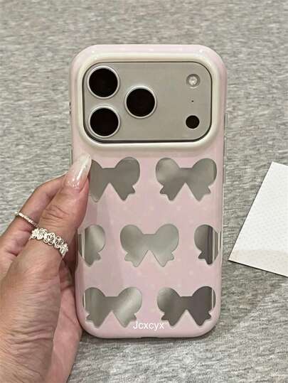 Aesthetics Cute Hollow Mirror Bow Polka Dot Phone Case Compatible With IPhone 17 Pro Max 17 Pro 16 Pro Max 15 Pro Max 14 Pro Max 13 Pro Lovely Shockproof Protective Back Cover