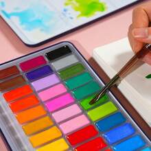 12/24/36 Colors Chinese Style Solid Watercolor Paint Set With Metal Box Packaging And Free Paintbrush, Dry Watercolor Paint Suitable For Art Painting - A - View 6