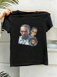 Camiseta Casual de Mujer con Estampado Gráfico, Estilo Hip-Hop Urbano, Transpirable, Estampado Distintivo - Negro - Ver 2