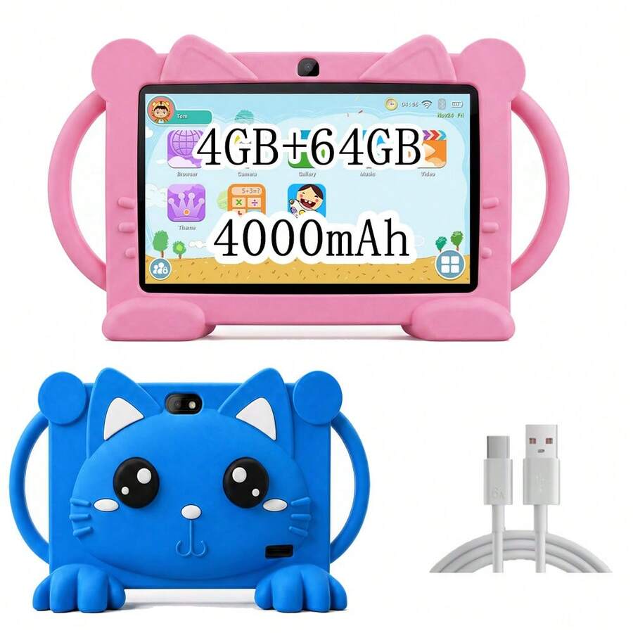 Tablet 7.0-Inch,Double Handle, Android13,4GB RAM+64GB ROM, Display IPS1280x800 2MP+5MP Camera, 4000mAh Battery, Parental Control, Shockproof Cartoon Cat Case Education, Games - Multicolor - View 1