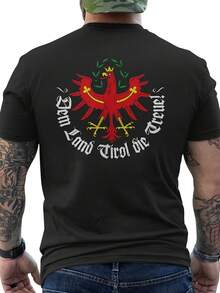 Men's Sommer Summer T-Shirt With Tyrolean Eagle Print, Black With Austrian Flag Colors In Red And Green, 100% Slim Fit, Tyrolean Eagle Design, Short Sleeves, Crew Neck, Suitable For All Seasons. Loose And Comfortable For Summer. - Back - View 1