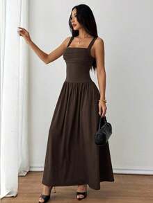Vestido evasé de unicolor marrón café con cuello cuadrado elegante para mujer, primavera/verano - Café integral - Ver 7
