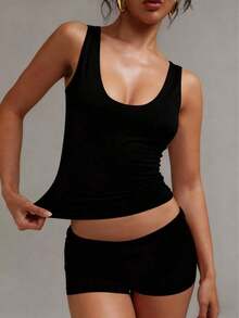 Women's Solid Color Casual Versatile Double-Layer Yoga High Stretch Fabric Sexy U-Neck Sleeveless Tank Top, Summer White - Black - View 2