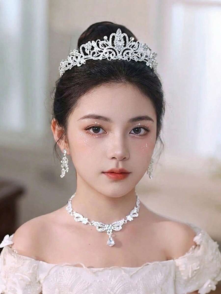 4件套公主项链套装，皇冠项链套装，水晶头饰，豪华皇冠项链礼盒，适合派对、婚礼、节日等场合 - 銀色 - 查看 1