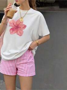 Un cómodo y transpirable blusas casuales para dama,Playeras de mujer ligeras imprescindibles para el verano,Camiseta casual floral para mujer - Rosa suave con diseño de flores blancas, cuello redondo de manga corta, mezcla de algodón ligero para primaveraveranootoño, parte superior de primaveraverano Camisa ajustada Uso cómodo - Blanco - Ver 6