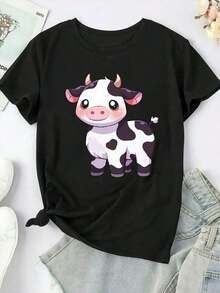 Camisetas Gráficas Tallas Grandes - Camiseta Casual Estampada para Mujer Tallas Grandes - Bonita Camiseta con Estampado de Vaca en Blanco y Negro, Camiseta de Cuello Redondo Cómoda y Ajustada para Uso Diario, Adecuada para Conjuntos de Primavera y Verano, Camiseta con Estampado de Vaca, Ropa de Verano, Diseño Animado, Camiseta de Corte Holgado, Moda de Primavera, Material Transpirable, Camiseta de Manga Corta, 100% Algodón para Entusiastas de la Moda - Negro - Ver 1