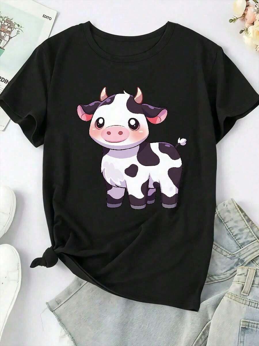 Camisetas Gráficas Tallas Grandes - Camiseta Casual Estampada para Mujer Tallas Grandes - Bonita Camiseta con Estampado de Vaca en Blanco y Negro, Camiseta de Cuello Redondo Cómoda y Ajustada para Uso Diario, Adecuada para Conjuntos de Primavera y Verano, Camiseta con Estampado de Vaca, Ropa de Verano, Diseño Animado, Camiseta de Corte Holgado, Moda de Primavera, Material Transpirable, Camiseta de Manga Corta, 100% Algodón para Entusiastas de la Moda - Negro - Ver 1