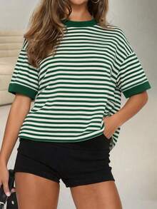 casual de mujer  de cuello redondo holgado, camiseta de manga corta a rayas con parches minimalista de color contrastante, adecuada para uso diario, ir al trabajo y verano en casa, color rosa - Verde - Ver 4