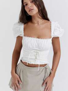 Blusa corta blanca de moda europea y americana, cuello cuadrado sensual con mangas abullonadas, diseño corto ombliguero, cintura ajustada y espalda descubierta - Blanco - Ver 1